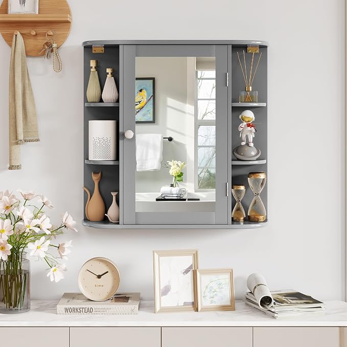Tangkula Bathroom Wall Cabinet with Mirror, Modern Medicine Cabinet with Mirrored Door, 4 Internal Shelves & 6 Side Open Shelves, Wall Mounted Space-Saving Storage Organizer