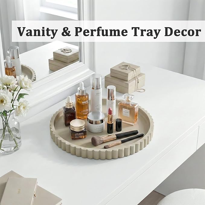 Silicone Bathroom Countertop and Vanity Tray-10 Inch Round Silicone Bathroom Tray, Modern Bathroom Decor, Coffee Table Decor, Decorative Tray for Candle, Perfume, Plants (Khaki)