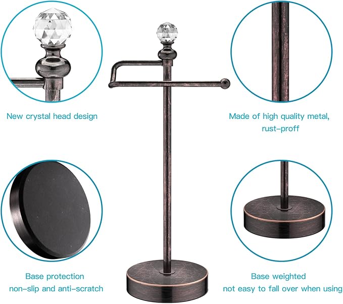 Heavy Weighted Hand Towel Holder(with Crystal Ball) Standing Hand Towel Holder Total Height 15.7'' for Kitchen,Bathroom,Vanity,Classic Decorative Metal Hand Towel Stand,Oil Rubbed Bronze