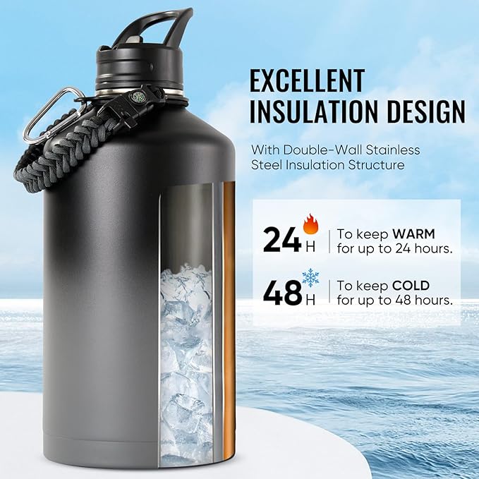 Gallon Water Bottle with 2 Lids (Straw & Spout), 304 Stainless Steel Water Jug with Handle and Wide Mouth, 1 Gallon Vacuum Double Walled Jug for Sports, Outdoors, Black/Gray, 128 oz