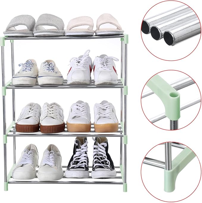 Stackable Small Shoe Rack, Entryway, Hallway and Closet Space Saving Storage and Organization (4-Tier, Green)
