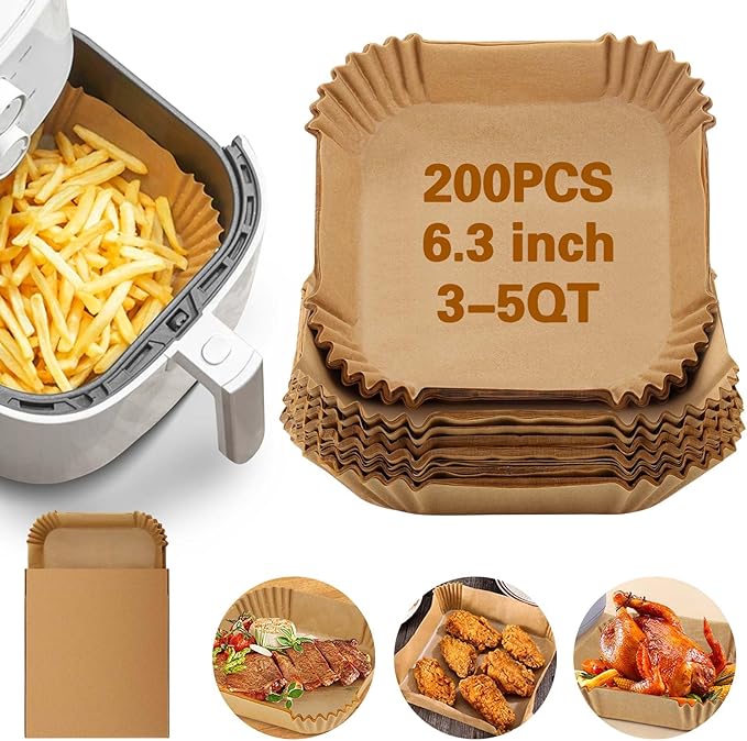 200Pcs Air Fryer Paper Liners, 8 Inch Square Disposable Paper Liner, Non-stick Parchment Paper for Frying Baking Roasting Microwave Oven