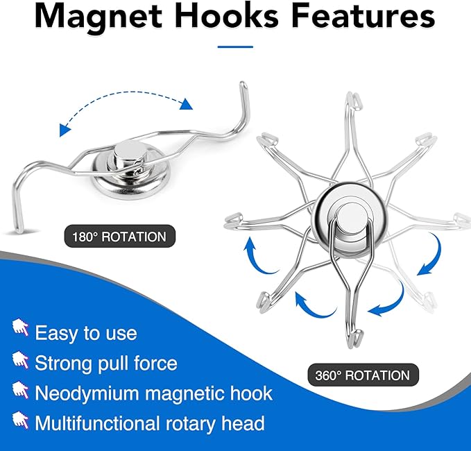 LOVIMAG Hooks, 120lbs+ Magnetic Magnet Hook 2025 Cruise Cabin Ship Essentials Heavy Duty Strong Refrigerator Fridge Hanging for Classroom Beach Vacation Kitchen Grills Home Mug Hanger (8 Pack), Silver