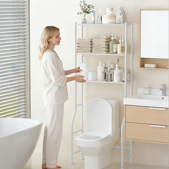 3-Tier Over Toilet Storage Rack, Metal Over Toilet Bathroom Organizer Shelf, Freestanding Space Saver Storage Shelves for Bathroom/Laundry/Living Room (White)