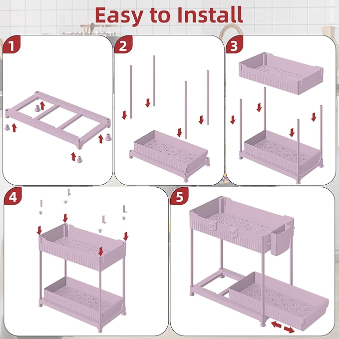 Under Sink Organizer, Bathroom Organizers and Storage, 2 Tier Multi-Use Pull Out Cabinet Organizer with Hang Hooks and Cups (Pink, 4 Pack)
