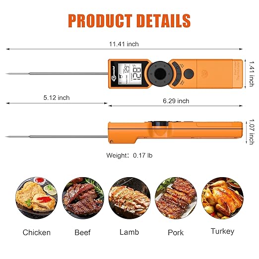 Thermochef Digital Meat Thermometer for Grill, Instant Read Food Thermometers for Cooking with Food Doneness Guide, Calibration and LCD Backlight Screen, High Accuracy ±1% ℉, BBQ Beef Candy Orange