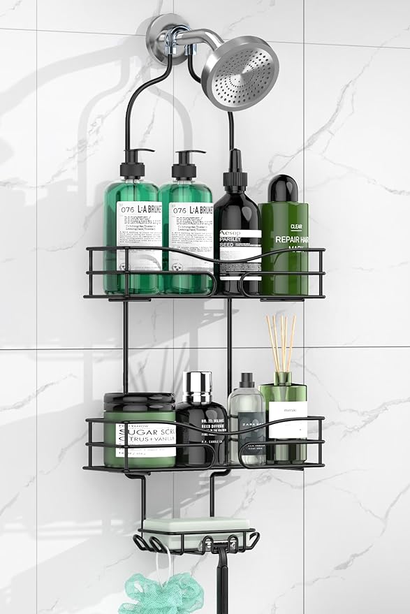 Bathroom Shower Caddy Hanging - 3-Tier Organizer with Soap Holder & 6 Hooks for Towels, Sponge; Fits 21mm Shower Head Arm, Black