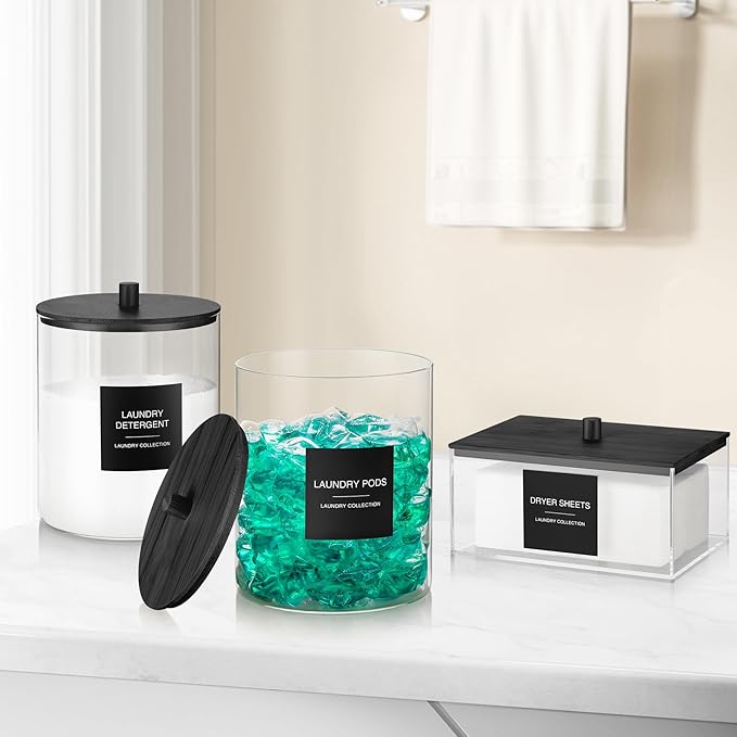 TIPGO Acrylic Dryer Sheet Holder with Lid, Clear Laundry Sheets Container with 27 Labels, Laundry Pods Storage for Laundry Room Organization - Black