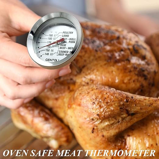 CENTOLLA 2 Pieces Meat Thermometer for Roaster Oven, Food Thermometer for House Cooking,Large 2.12-Inch Easy-Read Face, Oven Safe Leave in,Stainless Steel Stem Silver