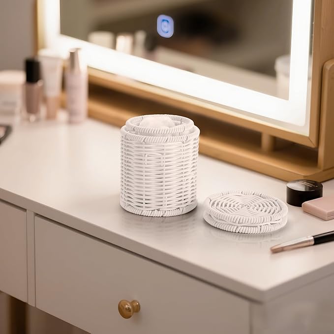 Rattan Jars,Decorative Storage Boxes with Lids,Rattan Bathroom Accessories,Rattan Desk Organizer,for Office,Dressing Table,Dental floss picks, cotton swab holders Home Decoration,White（DP056）