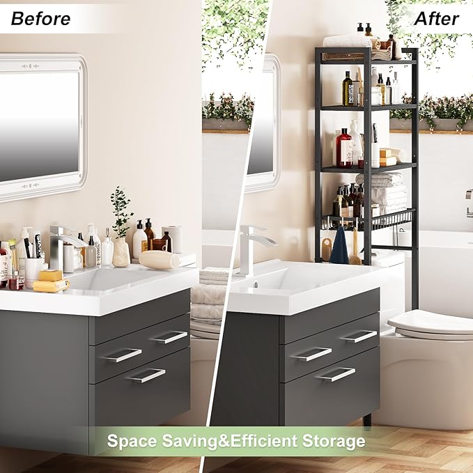 Over-The-Toilet Storage Rack, 4-Tier Bathroom Organizer Shelf Over Toilet with Adjustable Shelf and Basket, Freestanding Space Saver Bathroom Shelves Above Toilet for Room (Pure Black)