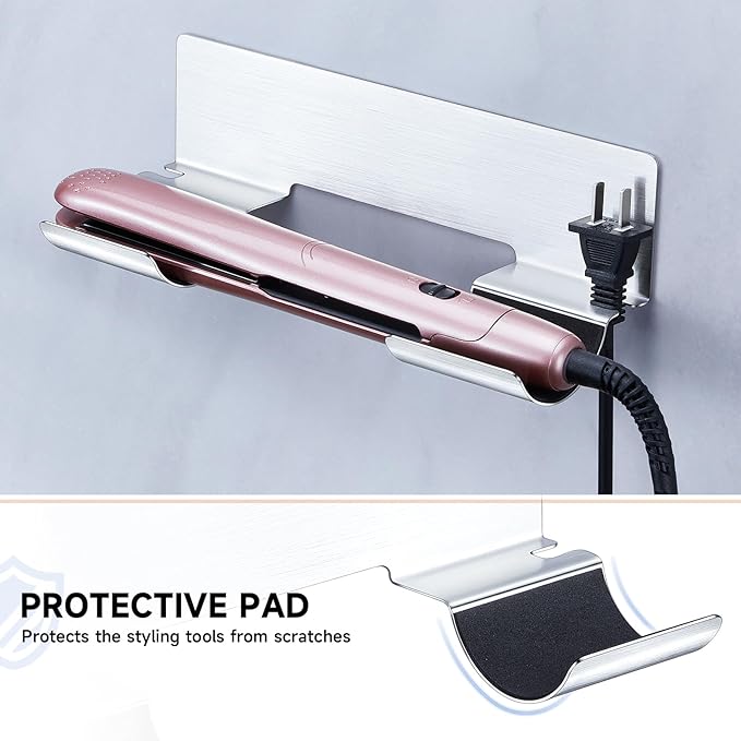 Hair Tool Organizer Wall Mount, Hair Dryer Holder for Curling Wands Accessories, Hair Straightener Holder, Styler Attachments Organizer, Adhesive Curling Iron Holder Storage, Stainless Steel
