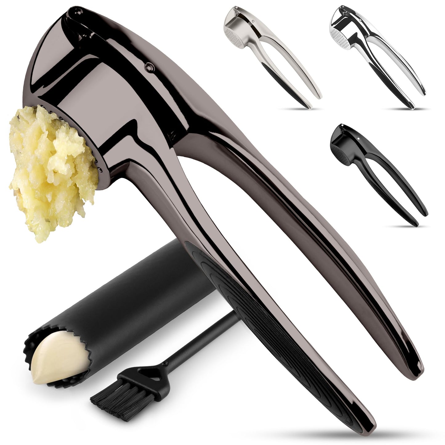 Zulay Kitchen Premium Garlic Press Set – Rust Proof & Dishwasher Safe Garlic Mincer Tool with Silicone Garlic Peeler & Brush, Easy Squeeze & Clean, Ergonomic Soft Grip Handle - Medium – Chrome