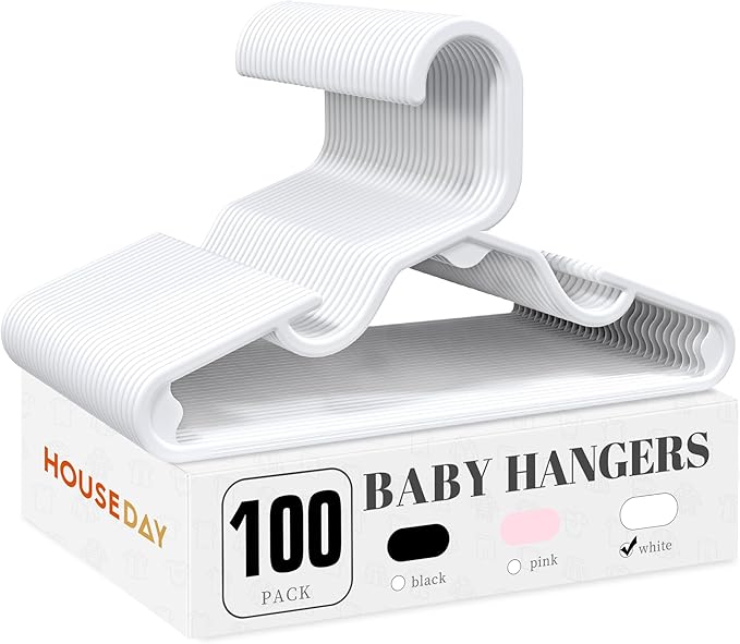 HOUSE DAY Baby Hangers 100 Pack - Durable Plastic Infant & Kids Clothes Hangers, Thin Compact Space-Saving Design for Nursery/Children's Closet, Toddler Small Hangers White (Infant/Baby/Toddler/Kids)