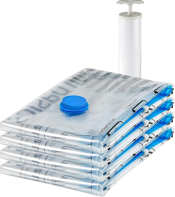 Vacuum Storage Bags, Compression Space Saving for Clothes and Linens, Reusable with Hand Pump, Large, Clear, 5-Pack