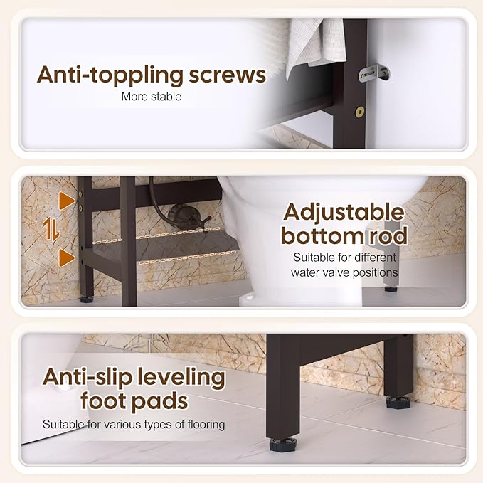 Over The Toilet Storage with 2 Baskets, 4-Tier Bamboo Organizer Rack with Paper Holder & 4 Hooks & Waterproof Feet Pad,Freestanding Shelf for Bathroom(Brown)