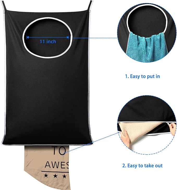 2 Pack XL Hanging Laundry Hamper, Extra Large Tear-Resistant Door Organizer with 2 Hook Types, Space-Saving Laundry Bag (36.5" x 22", Black)