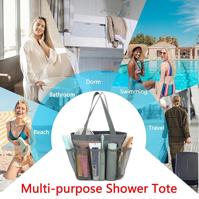 Mesh Shower Caddy Portable for College Dorm Room Essentials, 8-Pocket Large Shower Basket Tote Bag with 2 Handles for Toiletry, Bathroom, Beach, Camp, Gym