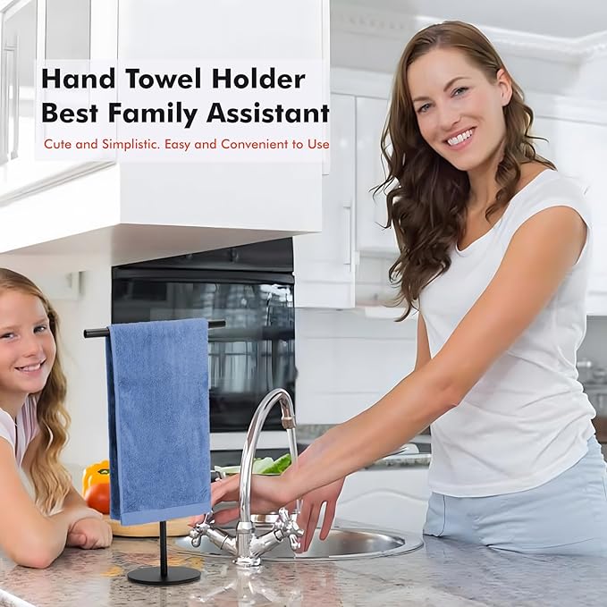 Black Hand Towel Holder Stand for Bathroom Vanity Countertop Stainless Steel T-Shape Freestanding Towel Rack Stand Towel Bar for Bathroom Kitchen (Black Matte)