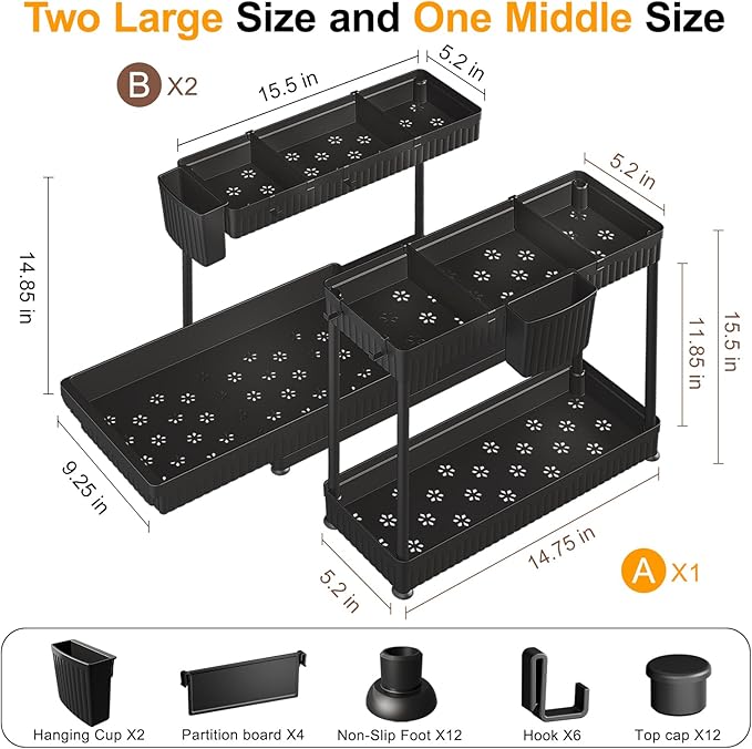 3 Pack Multi-Purpose Under Sink Organizers and Storage, 2026 L-Shaped Pull Out Cabinet Organizer for Bathroom & Kitchen, Under Cabinet Organizer with Hooks Hanging cup, Black, 14.85 inch