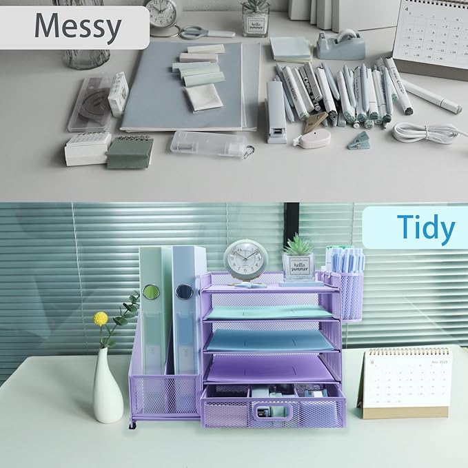 Desk Organiser File Holder With 2 Pen Holder, 5 Tier Paper Letter Tray Organiser with Drawer,Mesh Desktop Storage with Magazine Holder for Office Supplies, Purple