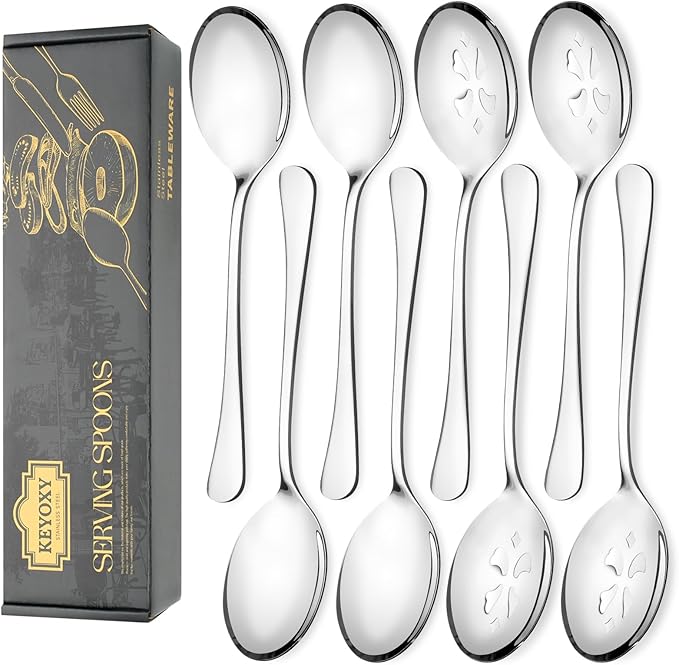 Keyoxy 8 Piece Stainless Steel Serving Spoon Set - 4 Large, 4 Slotted,Dishwasher Safe,10-Inch, for Parties/Kitchen/Buffet/Catering