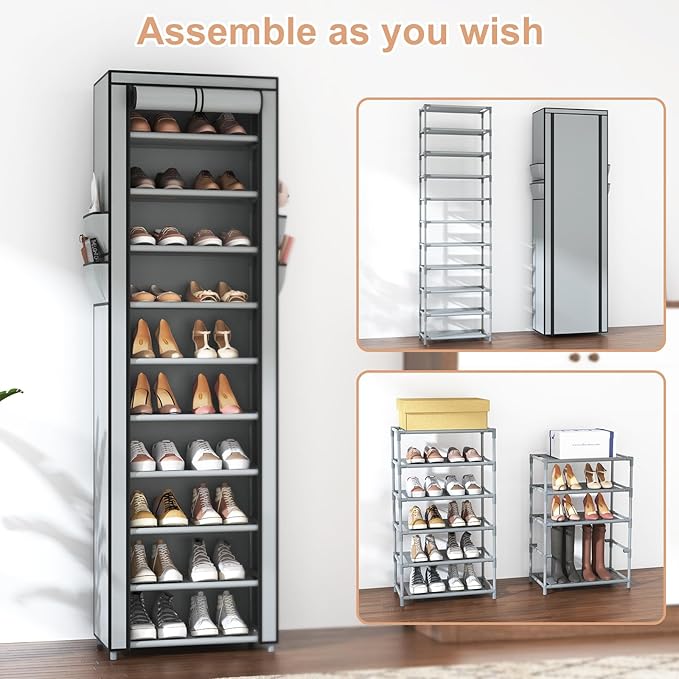 VTRIN Vertical Narrow Shoe Rack Organizer Tall Shoe Rack for Closet Entryway 10 Tier Non-Woven Cover Shoe Shelf Holds 20-22 Pairs Free Standing Shoe Storage Cabinet with Dustproof Cover, Grey