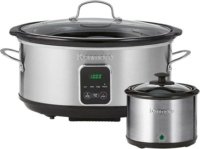 Kenmore 5 Quart Slow Cooker - Mini Crock Pot With Glass Lid, Stainless Steel Electric Cookers, Warm Rice & Sous Vide Stew, Soup, Lunch, Dishwaher Safe Non-Stick Ceramic Insert, 5 Lb Chicken 3 Lb Roast