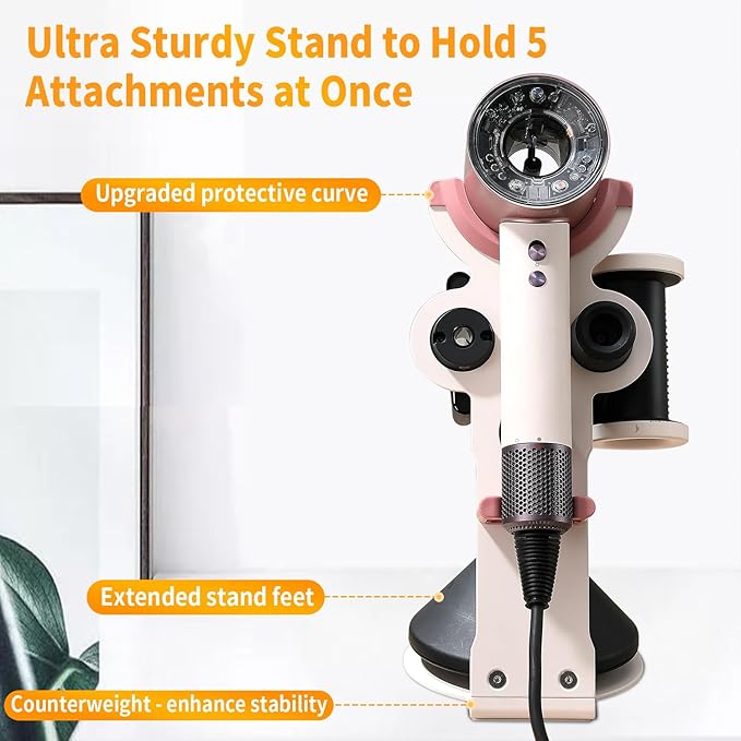 Hair Dryer Holder Stand for Dyson Hair Dryer, Upgraded Dyson Hair Dryer Holder Dyson Hair Dryer Stand Pink to Store 5 Dyson Hair Dryer Attachments with Cable Hook