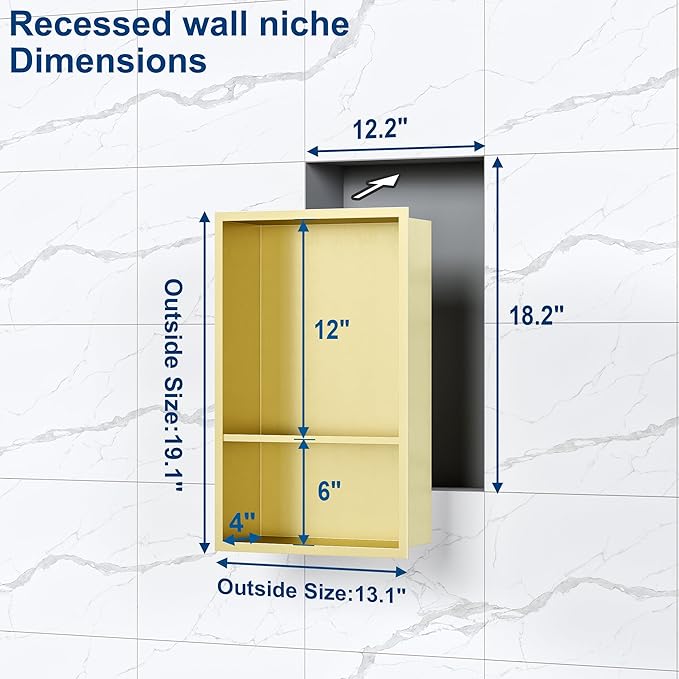 Neodrain Golden 12X18 Inch Double Shelf Stainless Steel Shower Niche, No Tile Needed Bathroom Niches, 2-Tier Recessed Wall Niche for Shower