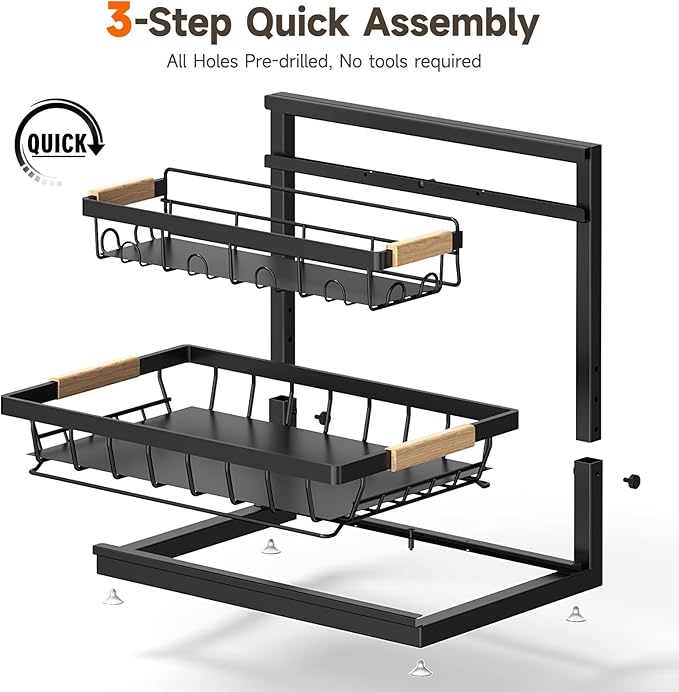 2 Packs Under Sink Organizer, Height Adjustable 2 Tier Under Kitchen Sink Organizer, Multi-Purpose Storage Shelf for Kitchen Bathroom Cabinet (Black, Large)