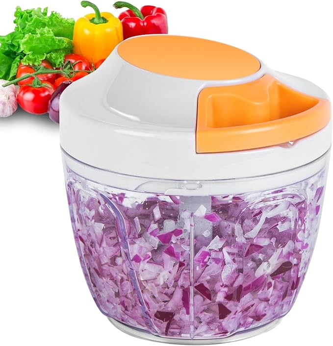 Manual Food Processor & Vegetable Chopper, Hand Pull String Garlic Mincer Onion Chopper Dicer for Salsa Pesto Guacamole, 3 Stainless Steel Blades, 650ml White