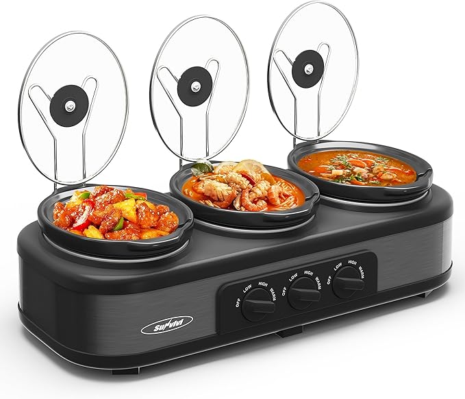 Sunvivi Slow Cooker, Triple Slow Cooker Buffet Server and Food Warmer, 3-Section 1.5-Quart Upgraded Oval Ceramic Pot with Stainless Steel Lid Rests, 3 Spoons, Total 4.5 QT