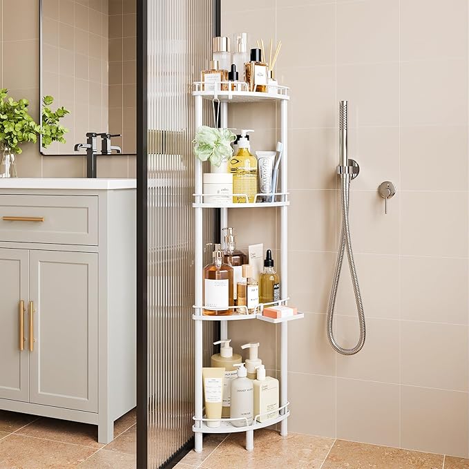ELYKEN Corner Shower Caddy Standing, 4 Tier Rustproof Metal Shower Organizer with Soap Holder, Floor Shower Corner Shelf Rack Storage Stands with Adjustable Feet & 2 Hooks for Bathroom, White