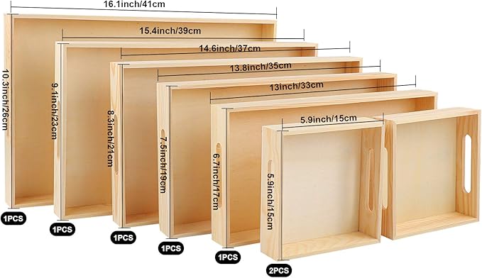 Aodaer 7 Pieces Wooden Trays, Wooden Nested Serving Trays, Rectangular Shape Wood Serving Tray with Handles for Kitchen Party Dinner Snacks
