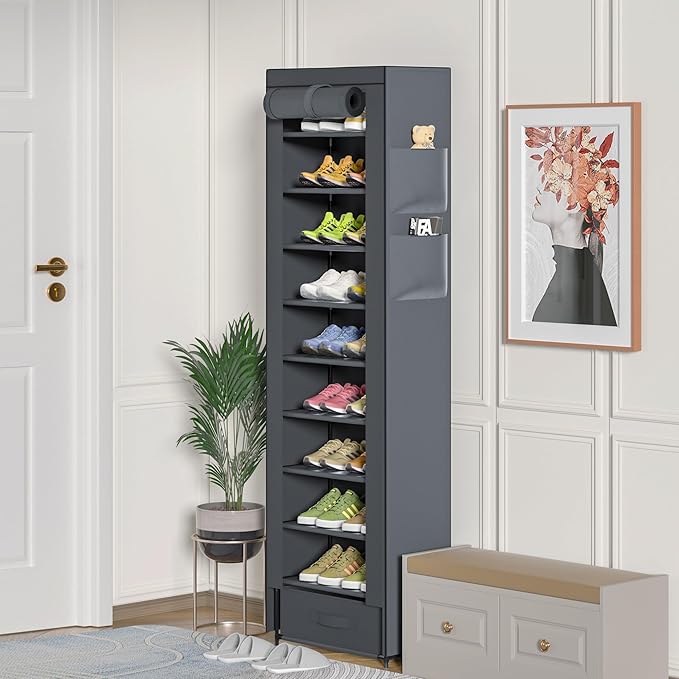 OYREL Shoes Rack 10 Tier Tall Narrow Shoe Rack with Bin Covered Shoe Shelf Storage Organizer Closet Stackable Shoe Stand
