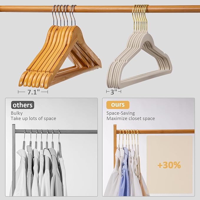 Velvet Hangers 30 Pack, Non Slip Clothes Hanger Heavy Duty for Suit/Coat, Premium Felt Slim Space Saving Suit Hangers for Closet Organizer, 360° Rotating Gold Hook - Ivory