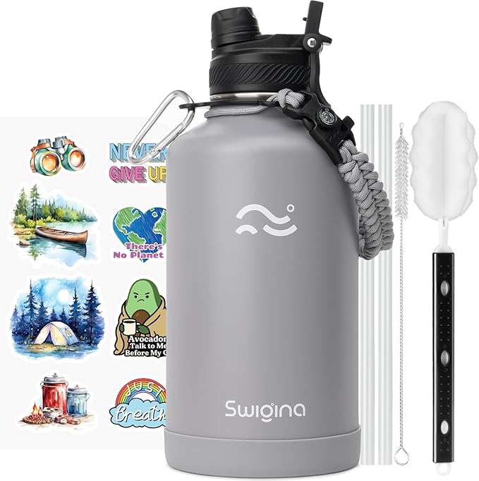 [2-IN-1 LID] 64 oz Insulated Water Bottle with Silicone Boot (48hrs Cold/24hrs Hot) - DIY Stickers, Leakproof, BPA Free, Half Gallon