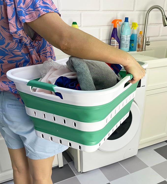 SAMMART 42L (11 gallon) Collapsible Plastic Laundry Basket - Foldable Pop Up Storage Container/Organizer - Space Saving Hamper/Basket (1, White/Winter Green)