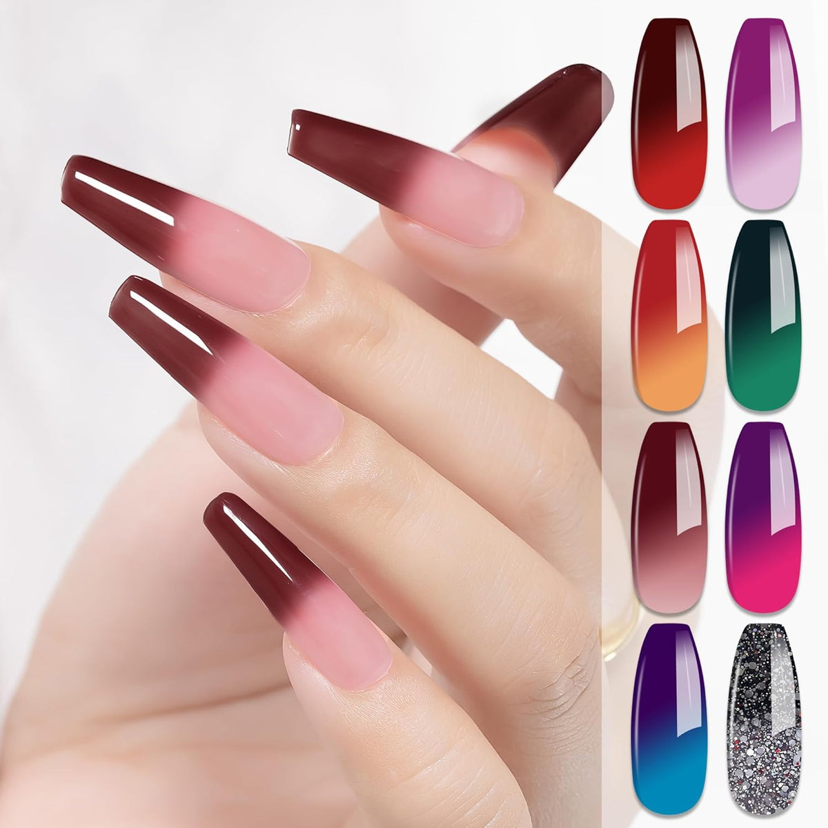 YTD Likomey Color Changing Gel Nail Polish Set,8 Colors Mood Temperature Change Colors Red Pink Green Blue Yellow Black Glitter Fall Winter UV Color Thermal Ombre Varnish Kit,7.5 ml 0.25 Fl Oz