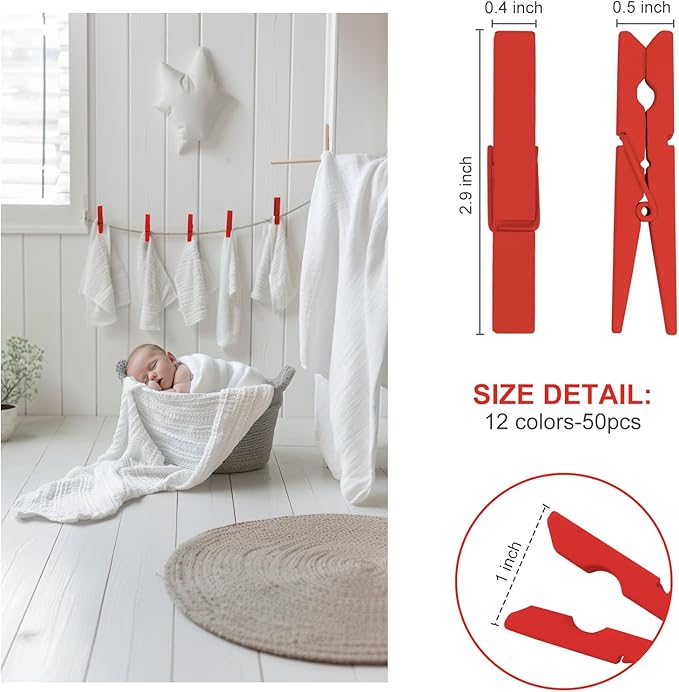 Colored Clothes pins 2.9inch 50PCS Red, Colorful ClothesPins Wooden Clips for Photos Pictures Decorative Crafts, Decoration clothespins Clothing Hanging clothespins