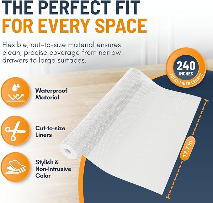 Shelf Liner Drawer Liner for Kitchen Cabinets Non-Adhesive by Linda’s Essentials (17.7 x 240 Inches) - Non-Slip Easy Clean Kitchen Cabinet and Cupboard Protector, Waterproof Mat, Clear Roll