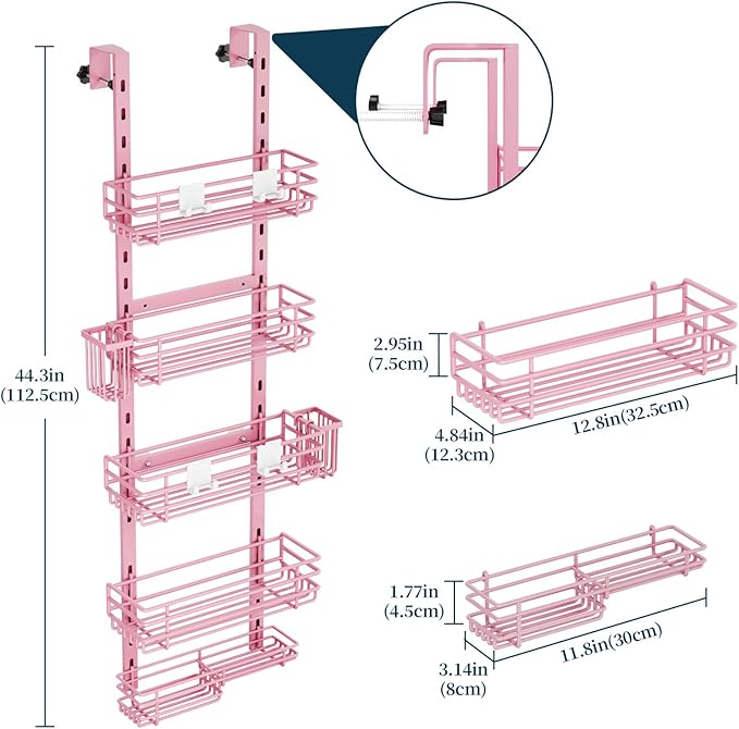 Consumest Over The Door Shower Caddy - 5 Tier Adjustable Shower Organizer Hanging with 2 Toothbrush Holders & 4 Hooks, Rustproof Organizer Shelf, Storage Rack for Bathroom, Pink