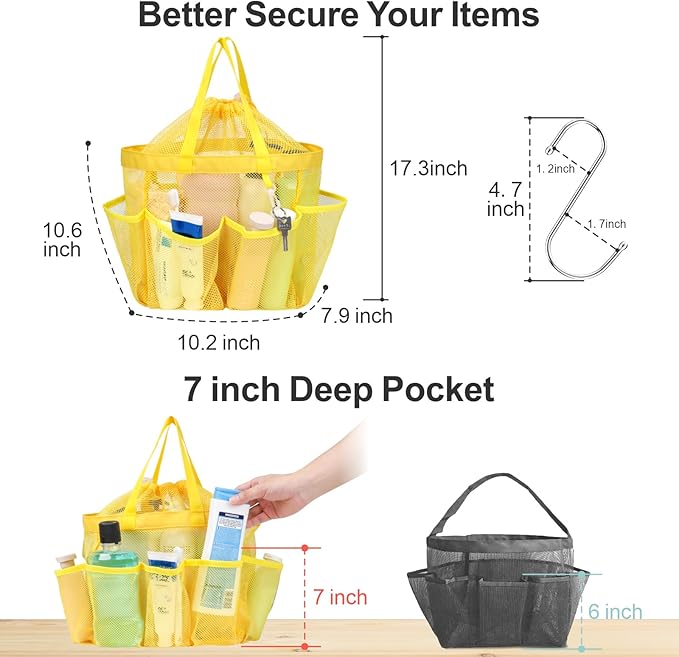 F-color Mesh Shower Caddy Portable with Drawstring - Large 8 Pockets Dorm Room Essentials for Guys Girls with S Hook, Shower Bag Basket Tote for College Camping Gym Travel Toiletry Bathroom, Yellow