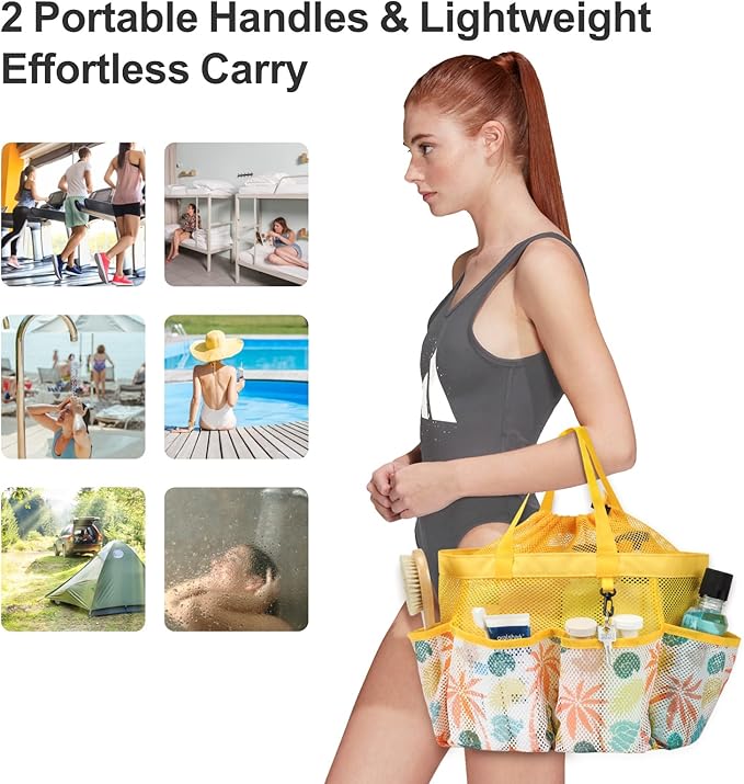 F-color Mesh Shower Caddy Portable with Drawstring - Large 8 Pockets Dorm Room Essentials for Guys Girls with S Hook, Shower Bag Basket Tote for College Camping Gym Travel Bathroom, Yellow Beach