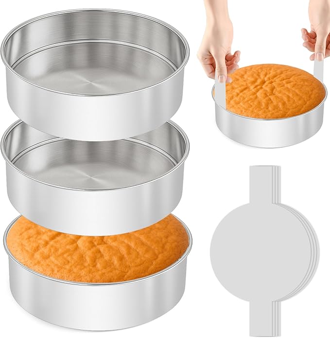 tutikuki 6 Inch Cake Pan - 3PCS Stainless Steel Smash Cake Baking Pans Tins with 100 PCS Parchment Paper, Round Bakeware for Party Birthday Wedding, Mirror Finish & Dishwasher Safe