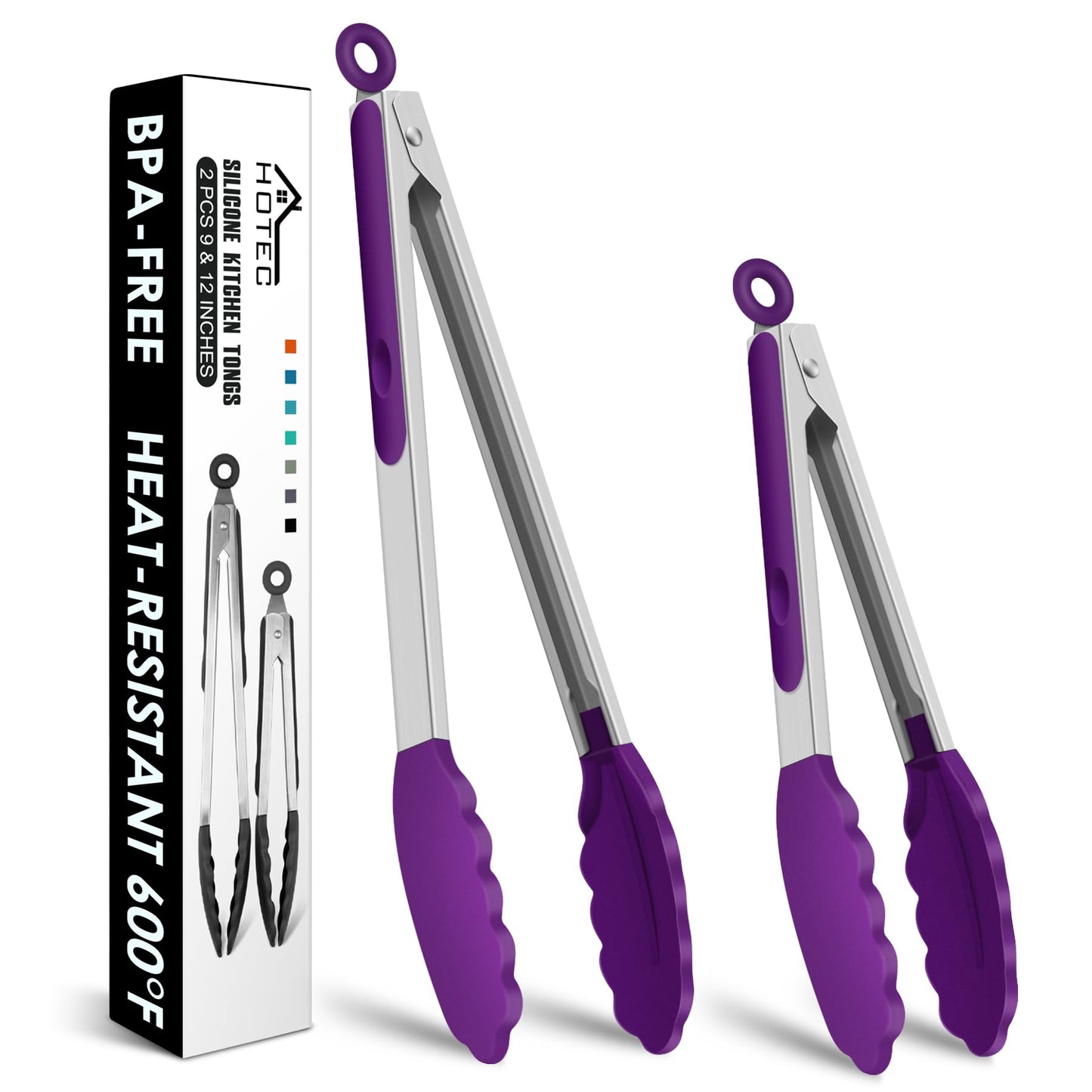 HOTEC Premium Stainless Steel Locking Kitchen Tongs with Silicon Tips, Set of 3-7", 9" and 12" (Purple)