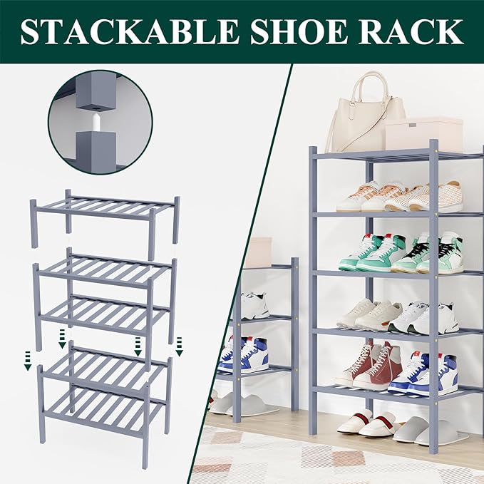 Smiry Shoe Rack, 6 Tier Small Bamboo Shoe Organizer, Stackable Free Standing Wooden Shoe Storage Shelf for Closet, Entryway, Front Door Entrance, Grey
