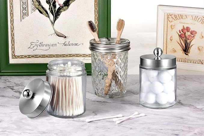 Amolliar Apothecary Jars Bathroom Vanity Organizer -Countertop Canister Jar with Storage Lid - Qtip Dispenser Holder Glass for Qtips,Cotton Swabs,Makeup Sponges,Hair Band - Brushed Nickel (2 Pack)