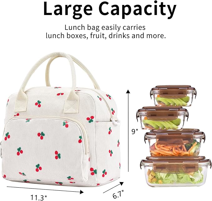 Lunch Bag Women Lunch Box for Women Adult Cute Insulated Lunch Bag Lager Cooler Lunch Tote Bags for Work Picnic (Beige-Cherry)